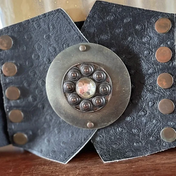 80’s elastic wide embellished buckle black belt - Picture 2 of 6